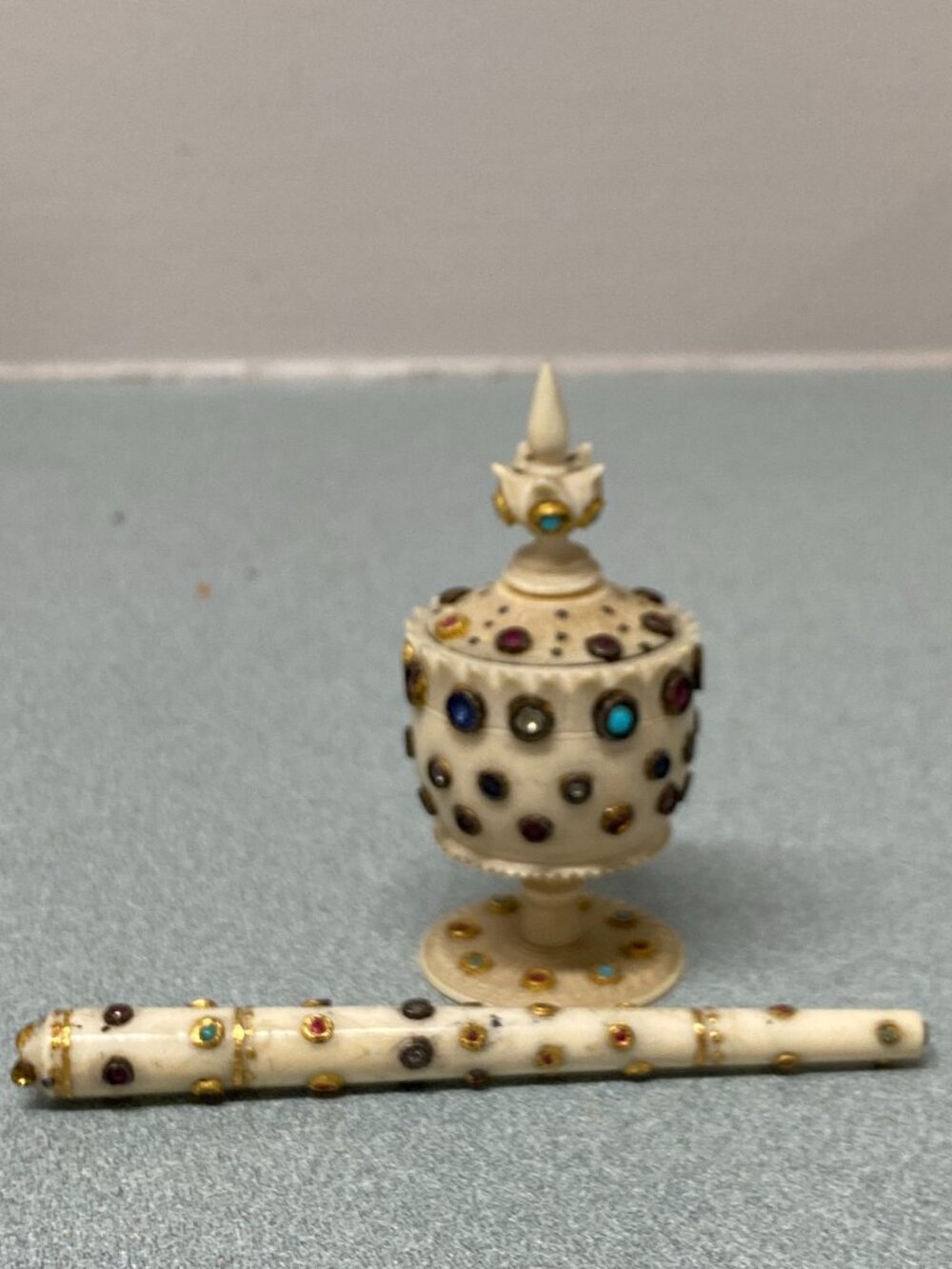 Indo-Persian Style Gem-Set Kohl Bottle and Applicator Rod - Hand-Carved Cosmetic